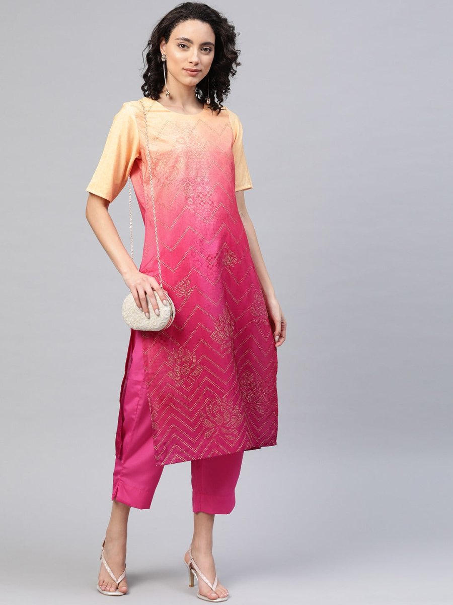 Ahalyaa Women Pink & Golden Dyed Printed Kurta With Trousers | Grocsy