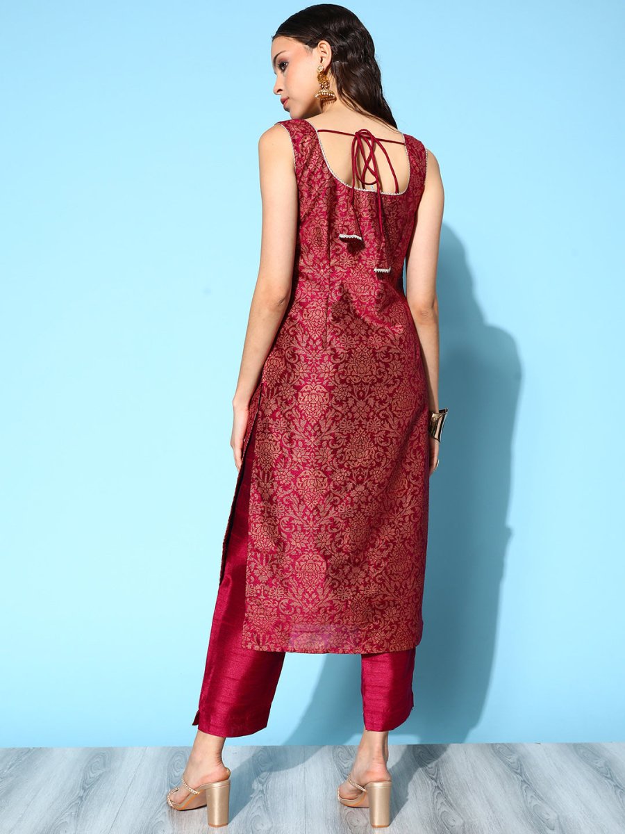 Ahalyaa Burgundy Ethnic Motif Woven Design Sleeveless Kurta | Grocsy