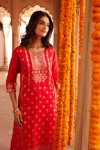 Ahalyaa Women Red Ethnic Motifs Kurta with Trousers | Grocsy
