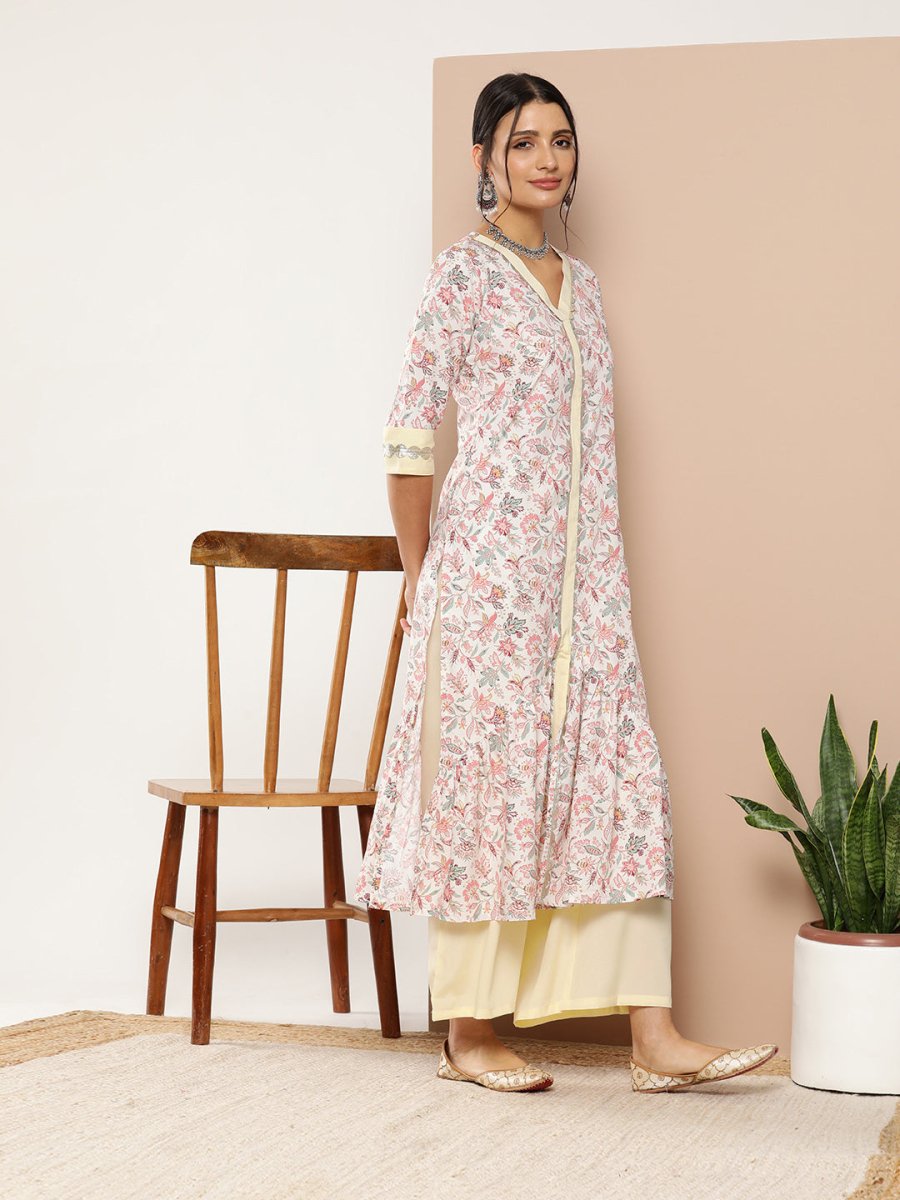 Ahalyaa Women Pink Floral Printed Pleated Gotta Patti Kurta with Palazzos | Grocsy