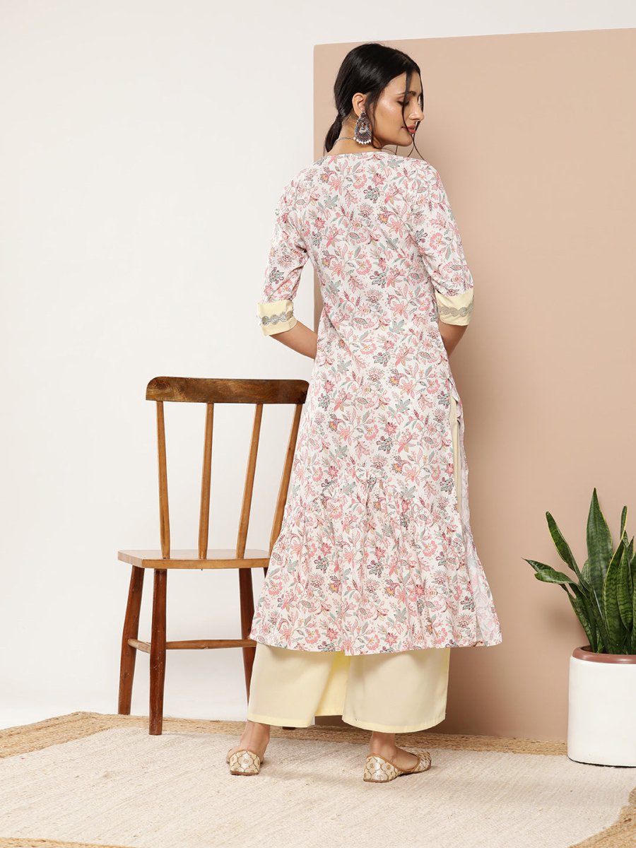 Ahalyaa Women Pink Floral Printed Pleated Gotta Patti Kurta with Palazzos | Grocsy