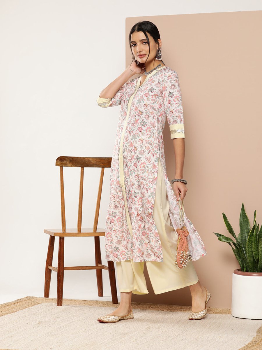 Ahalyaa Women Pink Floral Printed Pleated Gotta Patti Kurta with Palazzos | Grocsy