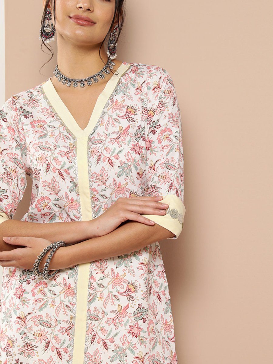 Ahalyaa Women Pink Floral Printed Pleated Gotta Patti Kurta with Palazzos | Grocsy