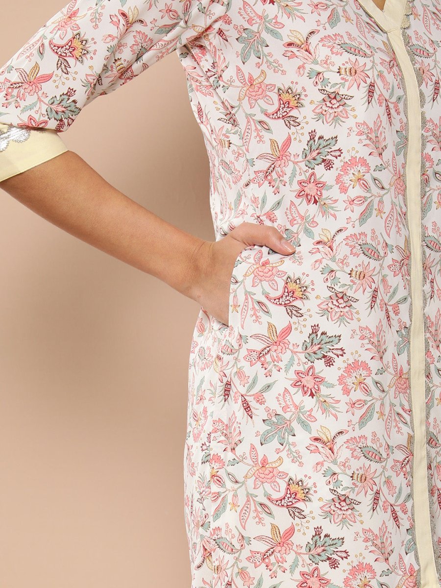 Ahalyaa Women Pink Floral Printed Pleated Gotta Patti Kurta with Palazzos | Grocsy
