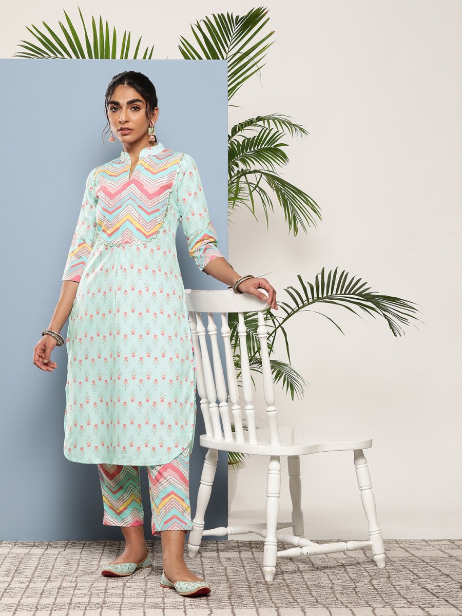 Ahalyaa Women Turquoise Blue Printed Gotta Patti Kurta with Trousers | Grocsy