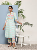 Ahalyaa Women Turquoise Blue Printed Gotta Patti Kurta with Trousers | Grocsy