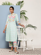 Ahalyaa Women Turquoise Blue Printed Gotta Patti Kurta with Trousers | Grocsy