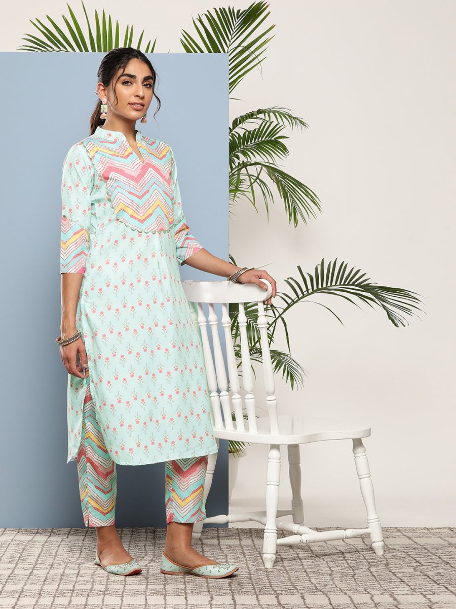 Ahalyaa Women Turquoise Blue Printed Gotta Patti Kurta with Trousers | Grocsy