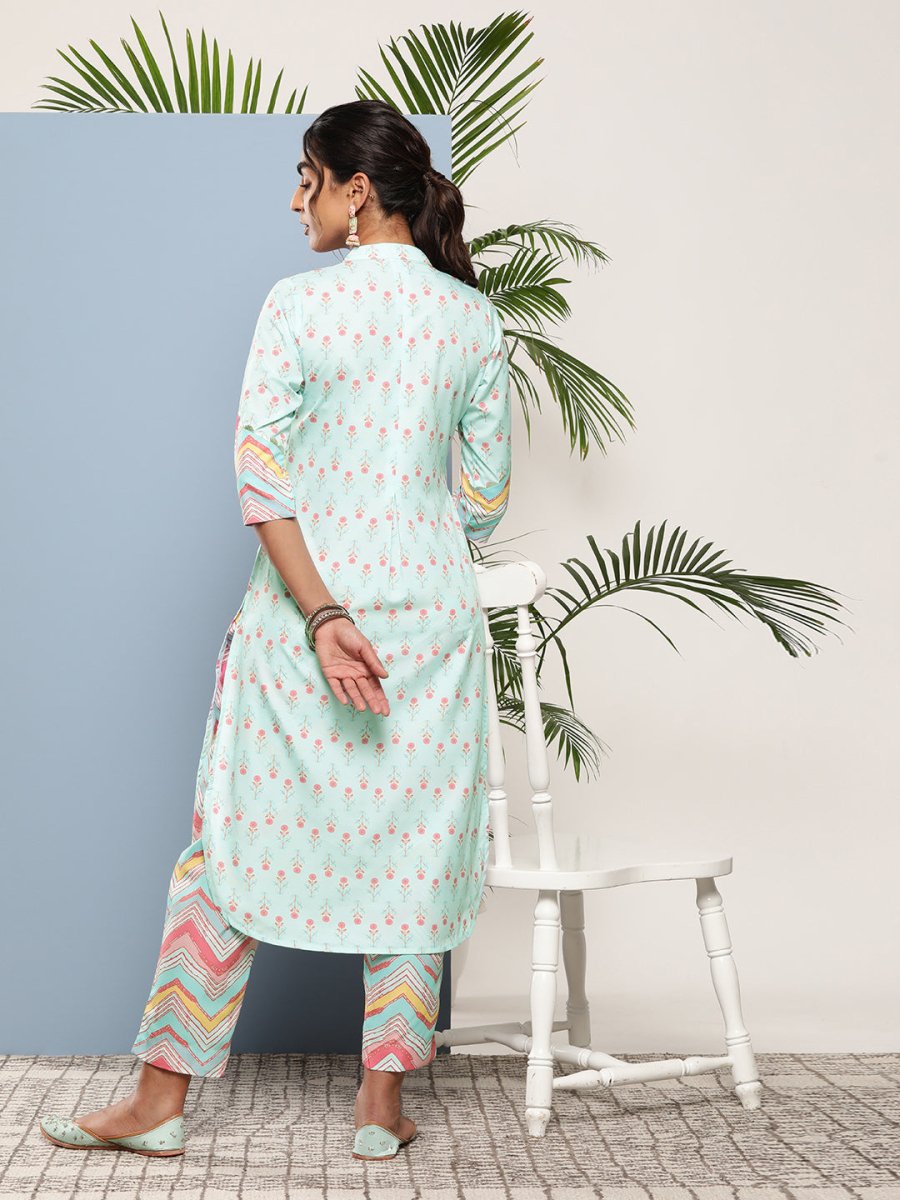 Ahalyaa Women Turquoise Blue Printed Gotta Patti Kurta with Trousers | Grocsy