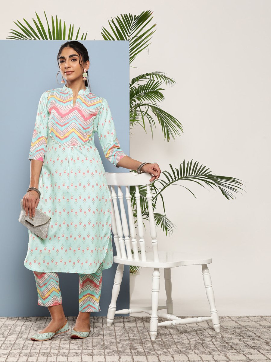 Ahalyaa Women Turquoise Blue Printed Gotta Patti Kurta with Trousers | Grocsy