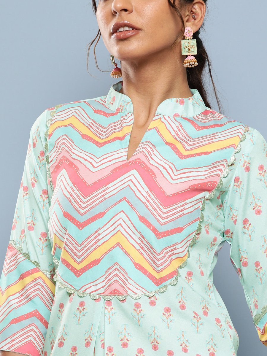 Ahalyaa Women Turquoise Blue Printed Gotta Patti Kurta with Trousers | Grocsy
