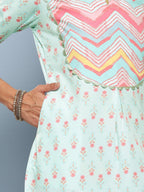 Ahalyaa Women Turquoise Blue Printed Gotta Patti Kurta with Trousers | Grocsy