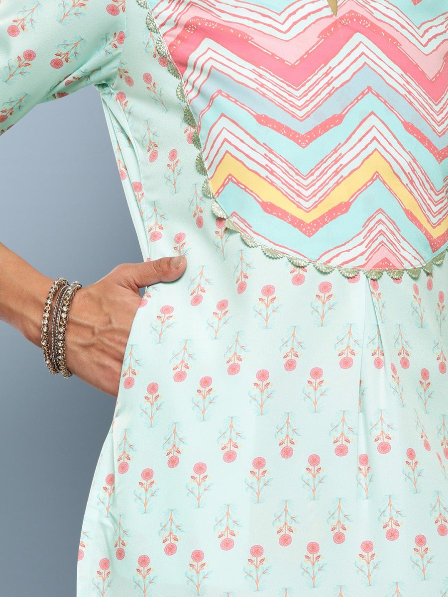 Ahalyaa Women Turquoise Blue Printed Gotta Patti Kurta with Trousers | Grocsy