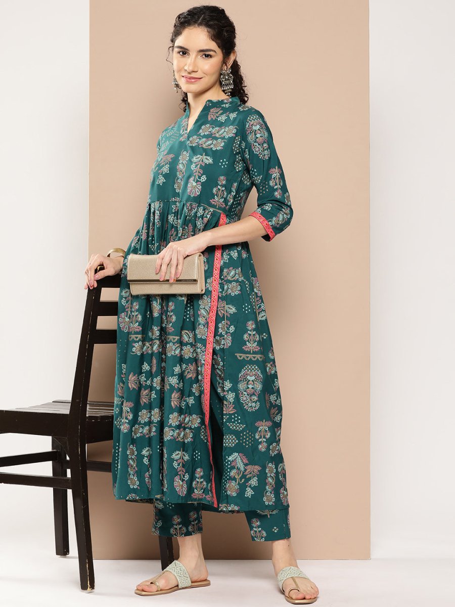 Ahalyaa Women Floral Printed Pleated Kurta with Trousers | Grocsy