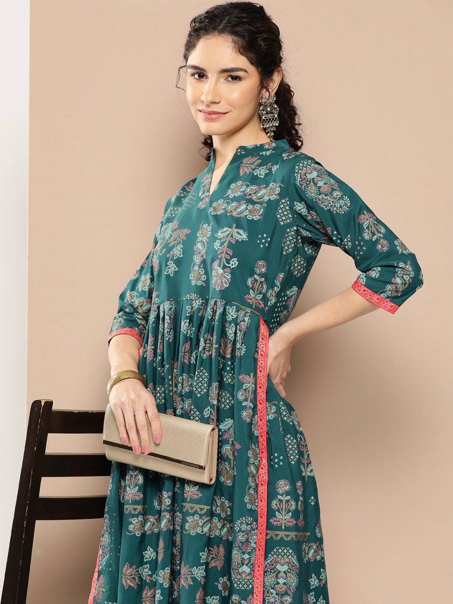 Ahalyaa Women Floral Printed Pleated Kurta with Trousers | Grocsy