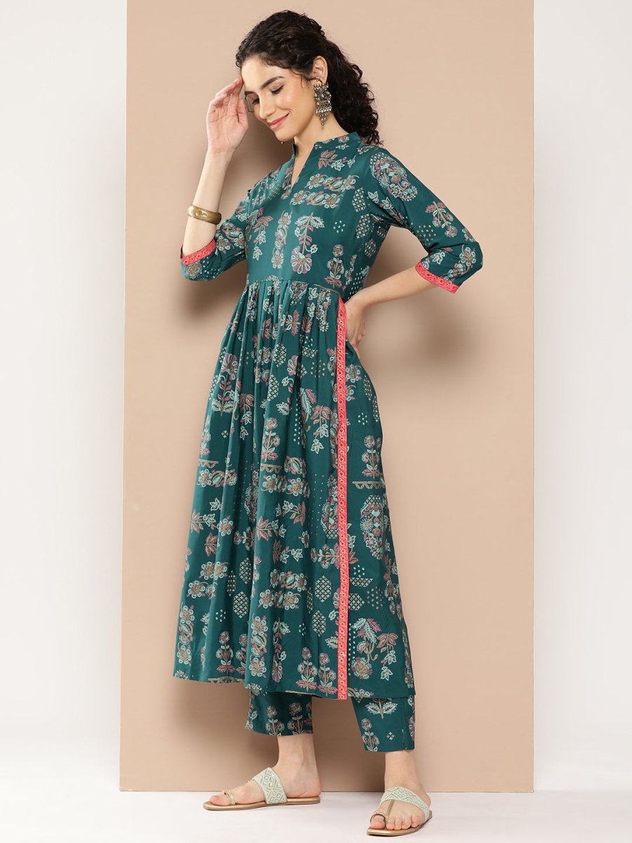 Ahalyaa Women Floral Printed Pleated Kurta with Trousers | Grocsy