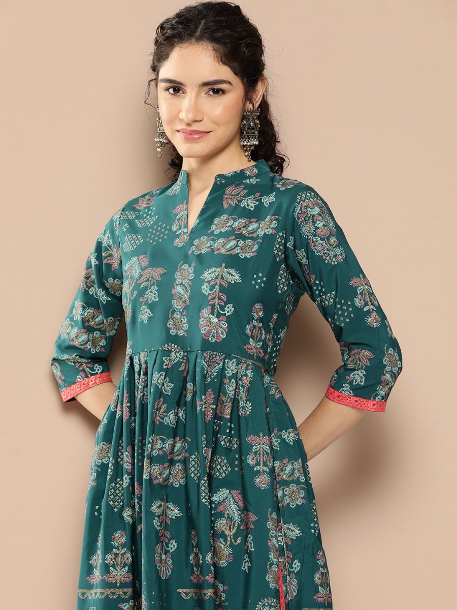 Ahalyaa Women Floral Printed Pleated Kurta with Trousers | Grocsy