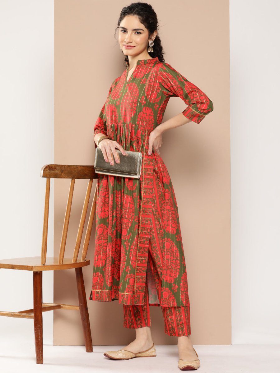 Ahalyaa Women Floral Printed Pleated Gotta Patti Kurta with Trousers | Grocsy