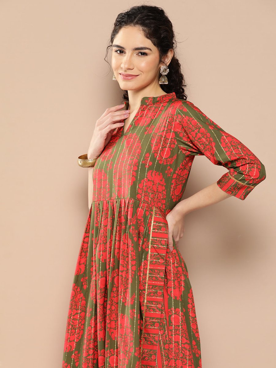 Ahalyaa Women Floral Printed Pleated Gotta Patti Kurta with Trousers | Grocsy