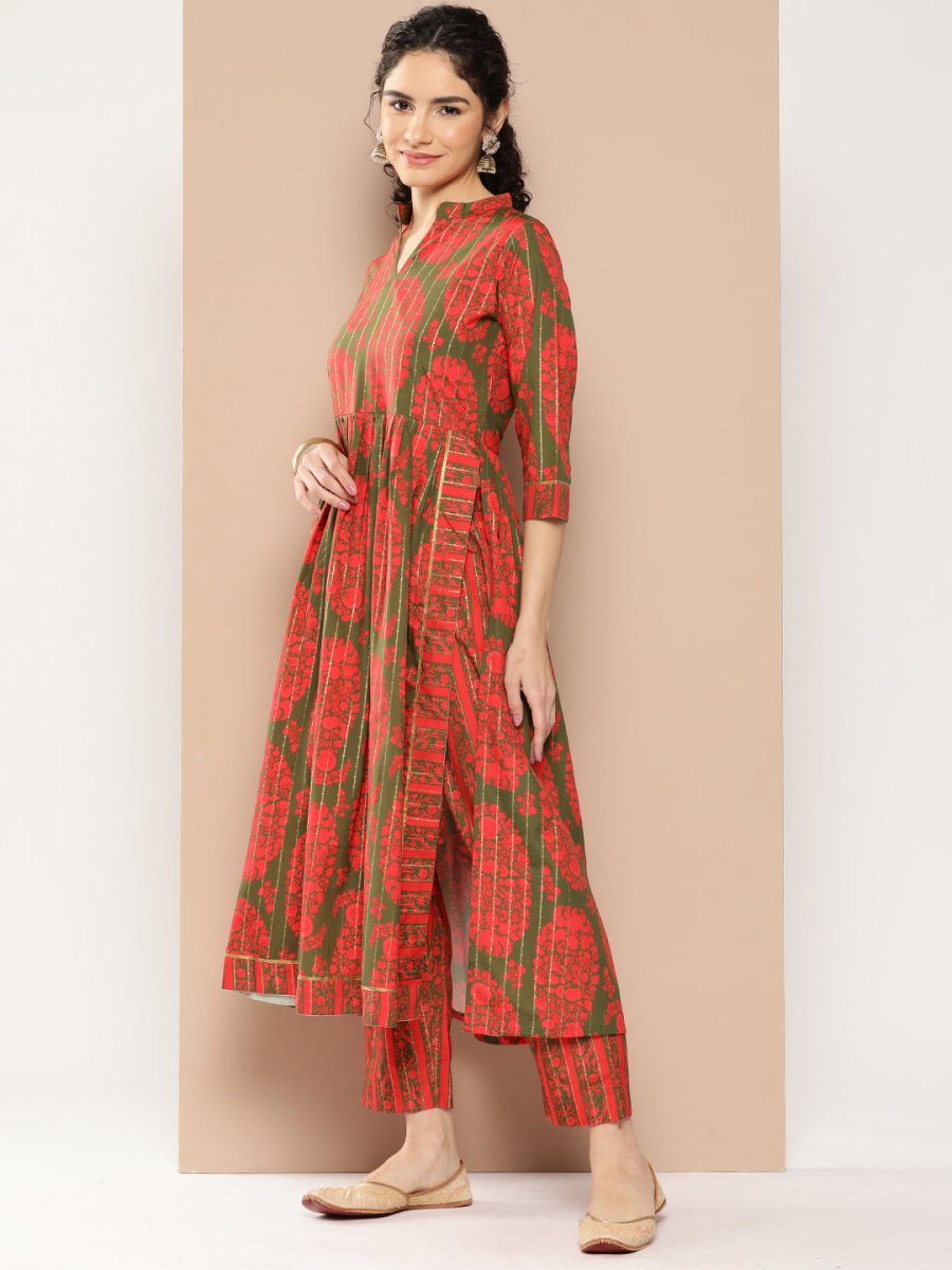 Ahalyaa Women Floral Printed Pleated Gotta Patti Kurta with Trousers | Grocsy