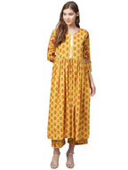 Ahalyaa Mustard Gathered Printed Kurta With Pant | Grocsy