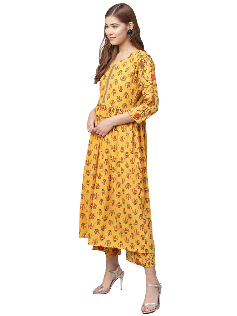 Ahalyaa Mustard Gathered Printed Kurta With Pant | Grocsy
