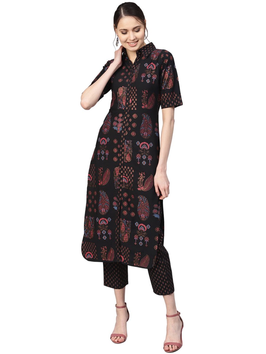 Ahalyaa Black Poly Crepe Pathani Kurta Set | Grocsy