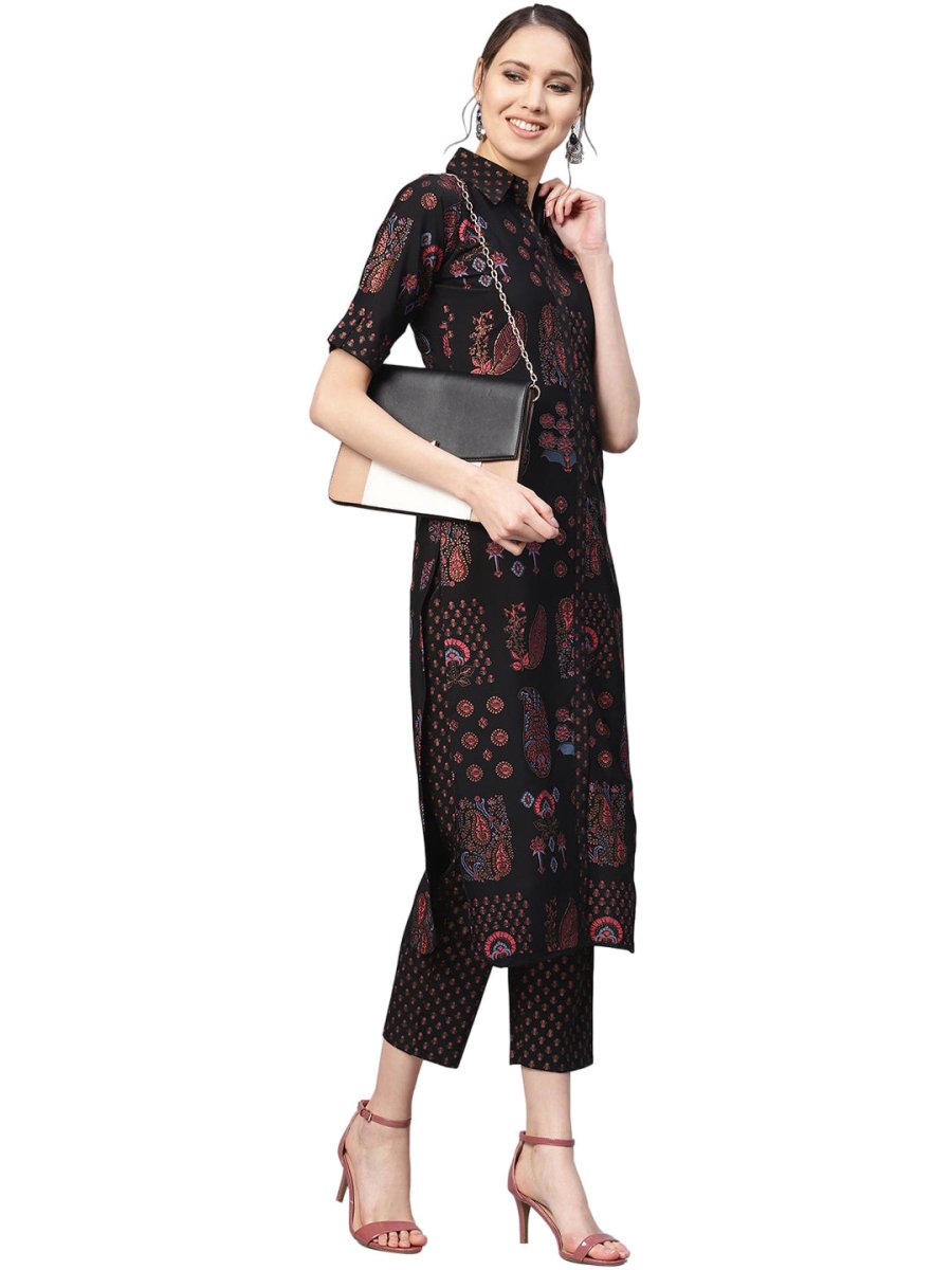 Ahalyaa Black Poly Crepe Pathani Kurta Set | Grocsy