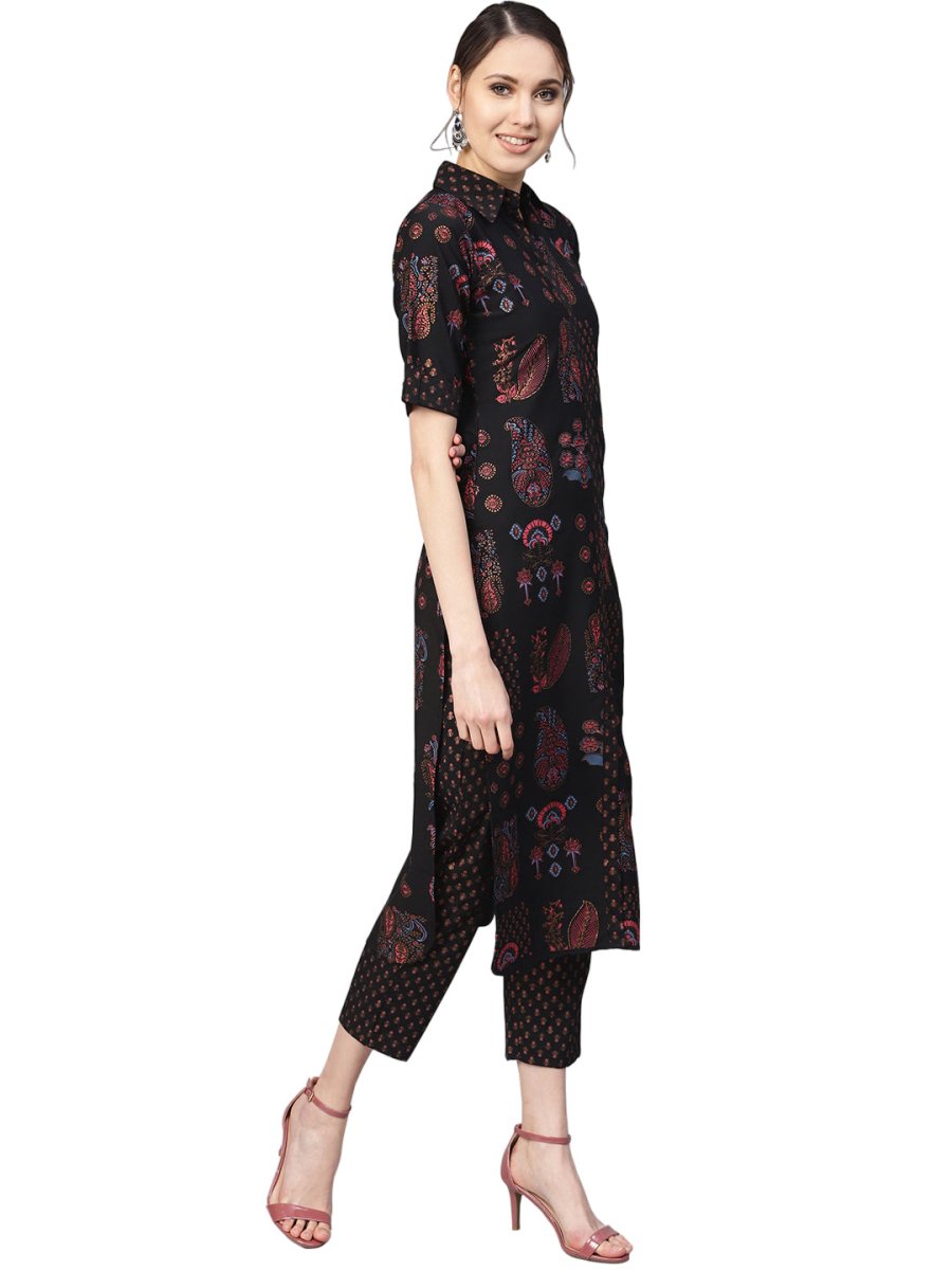 Ahalyaa Black Poly Crepe Pathani Kurta Set | Grocsy