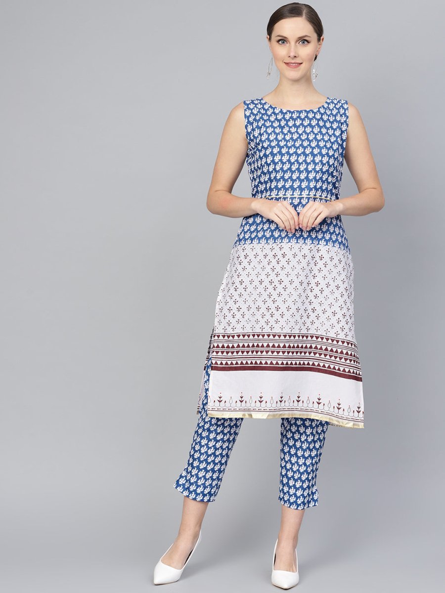 Ahalyaa Women Blue & White Printed Kurta with Trousers | Grocsy