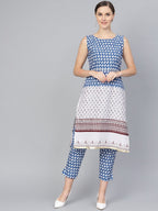 Ahalyaa Women Blue & White Printed Kurta with Trousers | Grocsy