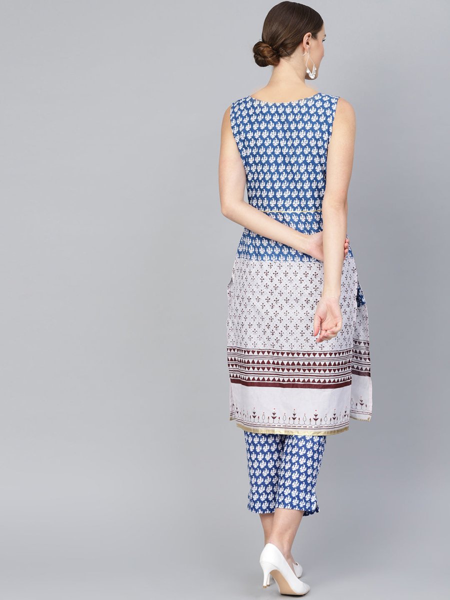 Ahalyaa Women Blue & White Printed Kurta with Trousers | Grocsy
