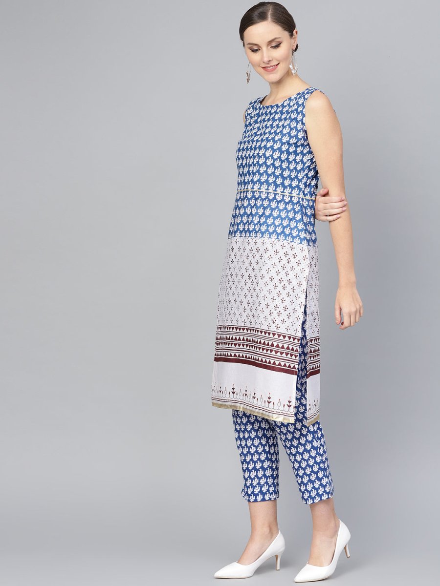 Ahalyaa Women Blue & White Printed Kurta with Trousers | Grocsy