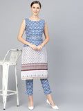 Ahalyaa Women Blue & White Printed Kurta with Trousers | Grocsy