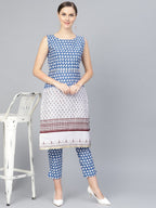 Ahalyaa Women Blue & White Printed Kurta with Trousers | Grocsy
