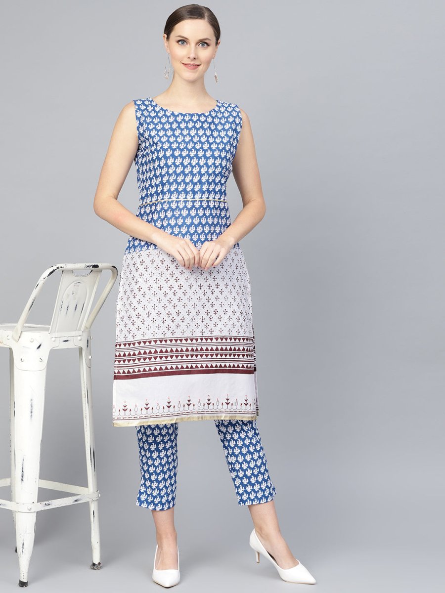Ahalyaa Women Blue & White Printed Kurta with Trousers | Grocsy