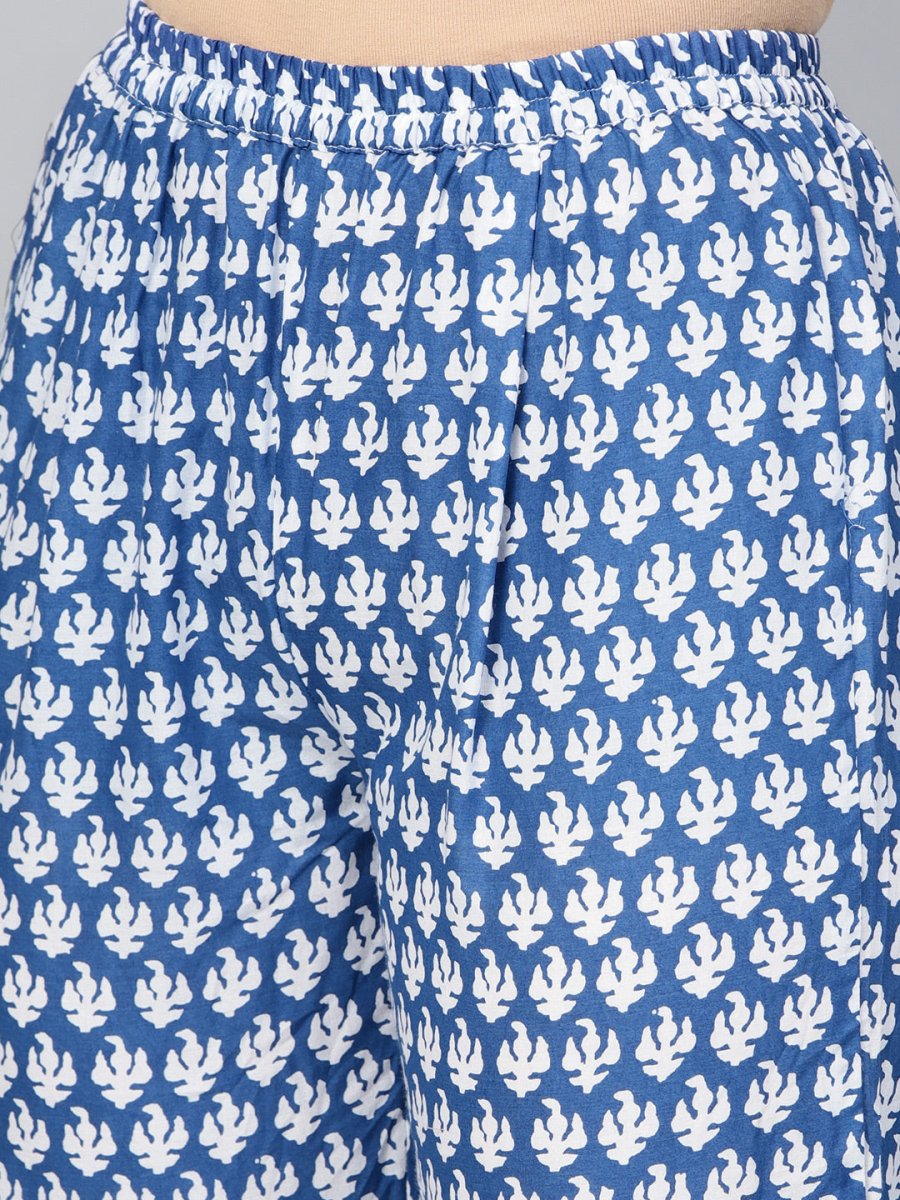 Ahalyaa Women Blue & White Printed Kurta with Trousers | Grocsy