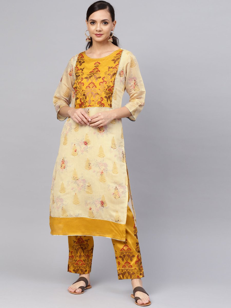 Ahalyaa Women Beige & Mustard Yellow Printed Kurta with Trouser | Grocsy