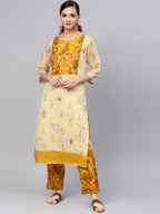 Ahalyaa Women Beige & Mustard Yellow Printed Kurta with Trouser | Grocsy