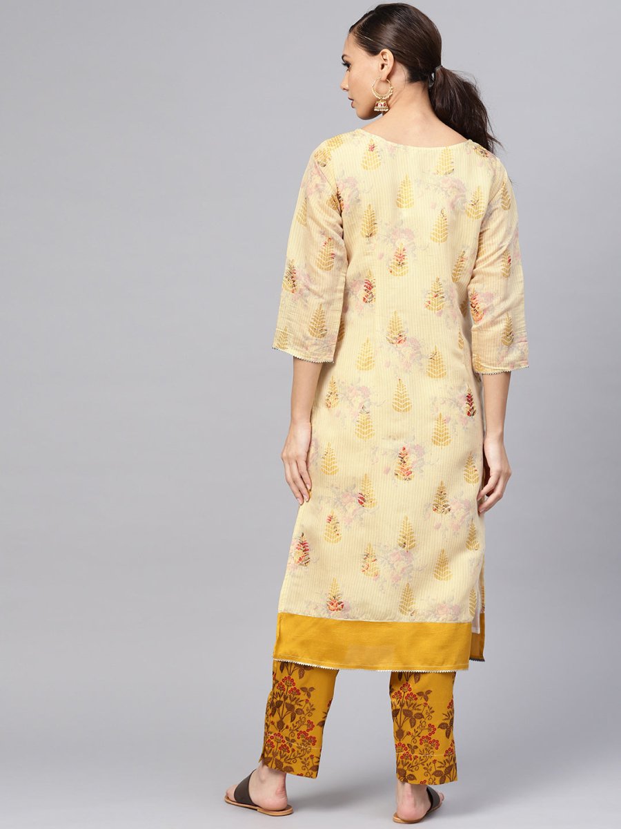 Ahalyaa Women Beige & Mustard Yellow Printed Kurta with Trouser | Grocsy