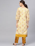 Ahalyaa Women Beige & Mustard Yellow Printed Kurta with Trouser | Grocsy