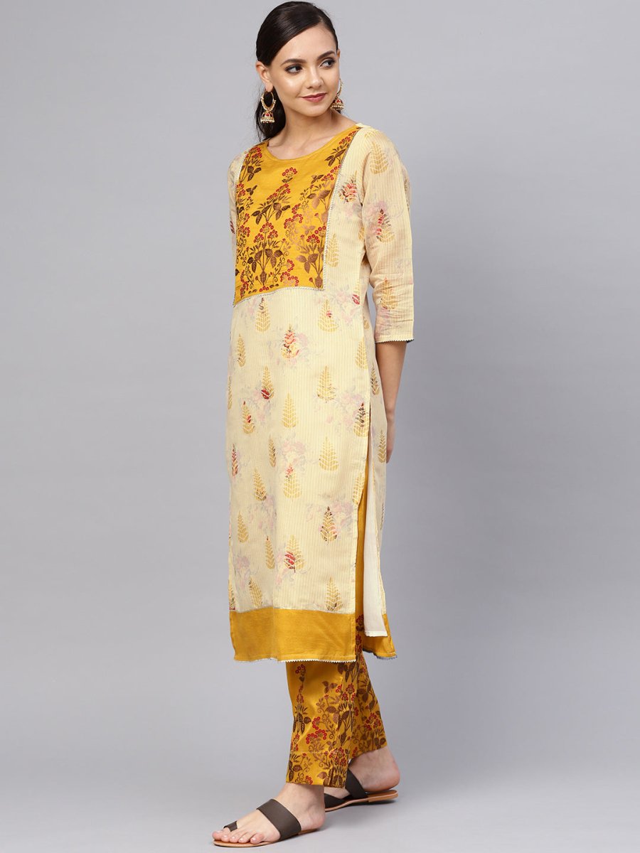Ahalyaa Women Beige & Mustard Yellow Printed Kurta with Trouser | Grocsy
