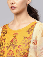 Ahalyaa Women Beige & Mustard Yellow Printed Kurta with Trouser | Grocsy