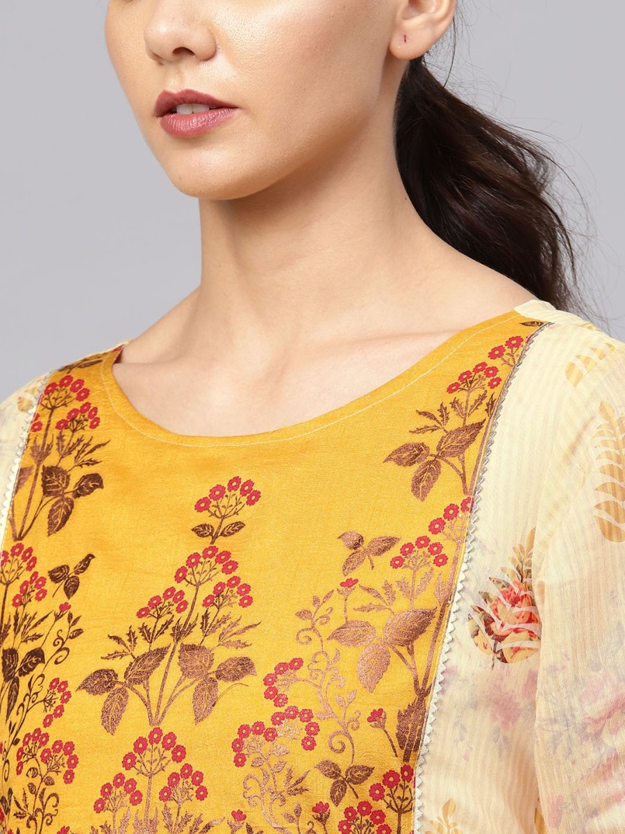 Ahalyaa Women Beige & Mustard Yellow Printed Kurta with Trousers | Grocsy