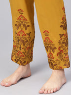 Ahalyaa Women Beige & Mustard Yellow Printed Kurta with Trouser | Grocsy