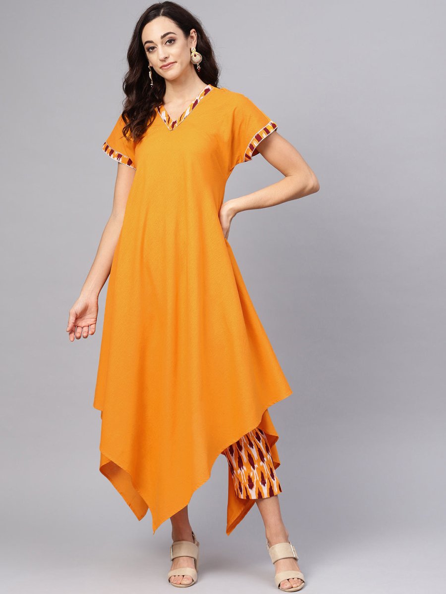Ahalyaa Mustard Solid Kimono Style Cotton Kurta Set | Grocsy