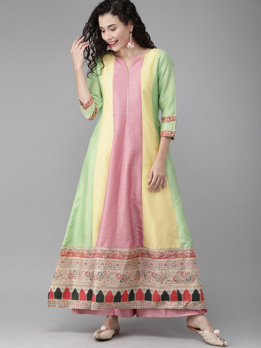 Ahalyaa Women Pink & Yellow Colourblocked Kurta with Palazzos | Grocsy