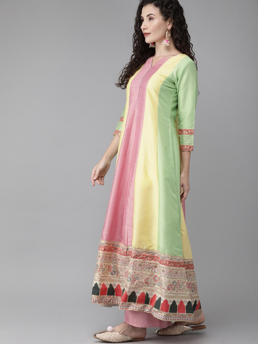 Ahalyaa Women Pink & Yellow Colourblocked Kurta with Palazzos | Grocsy