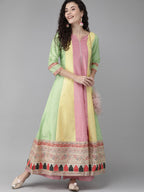 Ahalyaa Women Pink & Yellow Colourblocked Kurta with Palazzos | Grocsy