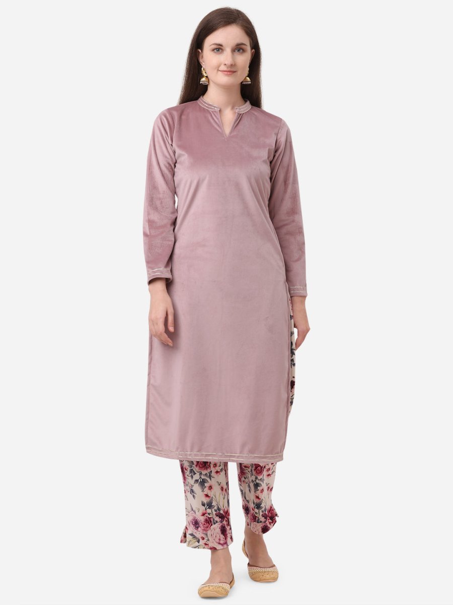 Ahalyaa Lilac Solid Kurta & Floral Pant Set | Grocsy